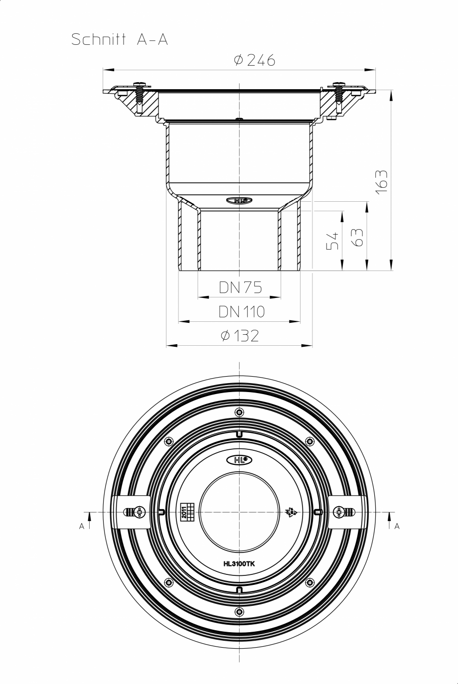 Pagina 1-CAD-PDF Desen tehnic: Corp sifon vertical pentru balcon si terasa DN75/110, cu manseta din bitum HL ...