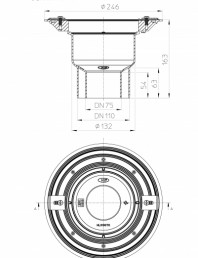 Desen tehnic: Corp sifon vertical pentru balcon si terasa DN75/110, cu manseta din bitum