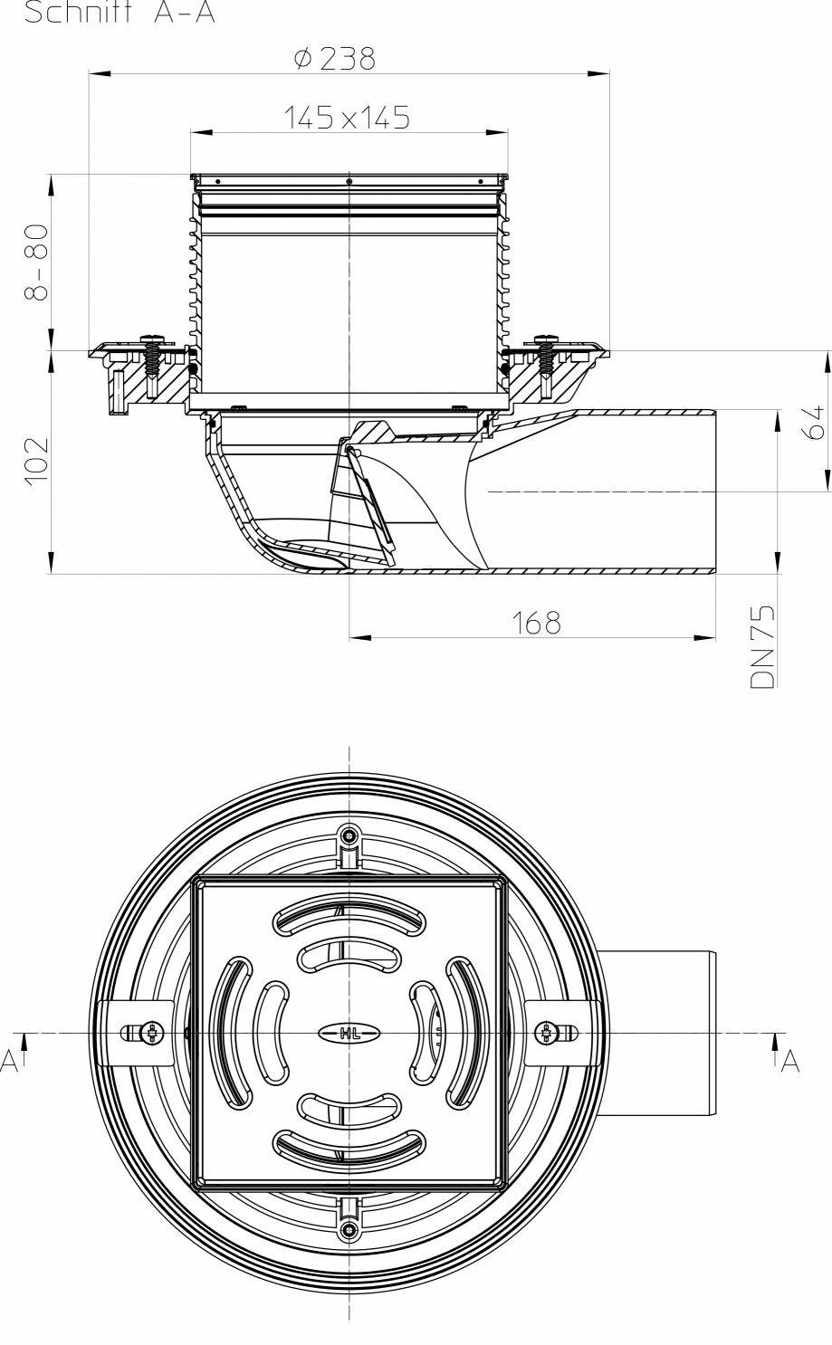 Pagina 1-CAD-PDF Desen tehnic: Sifon pentru balcon si terasa cu iesirea la scurgere DN75 pe orizontala HL...
