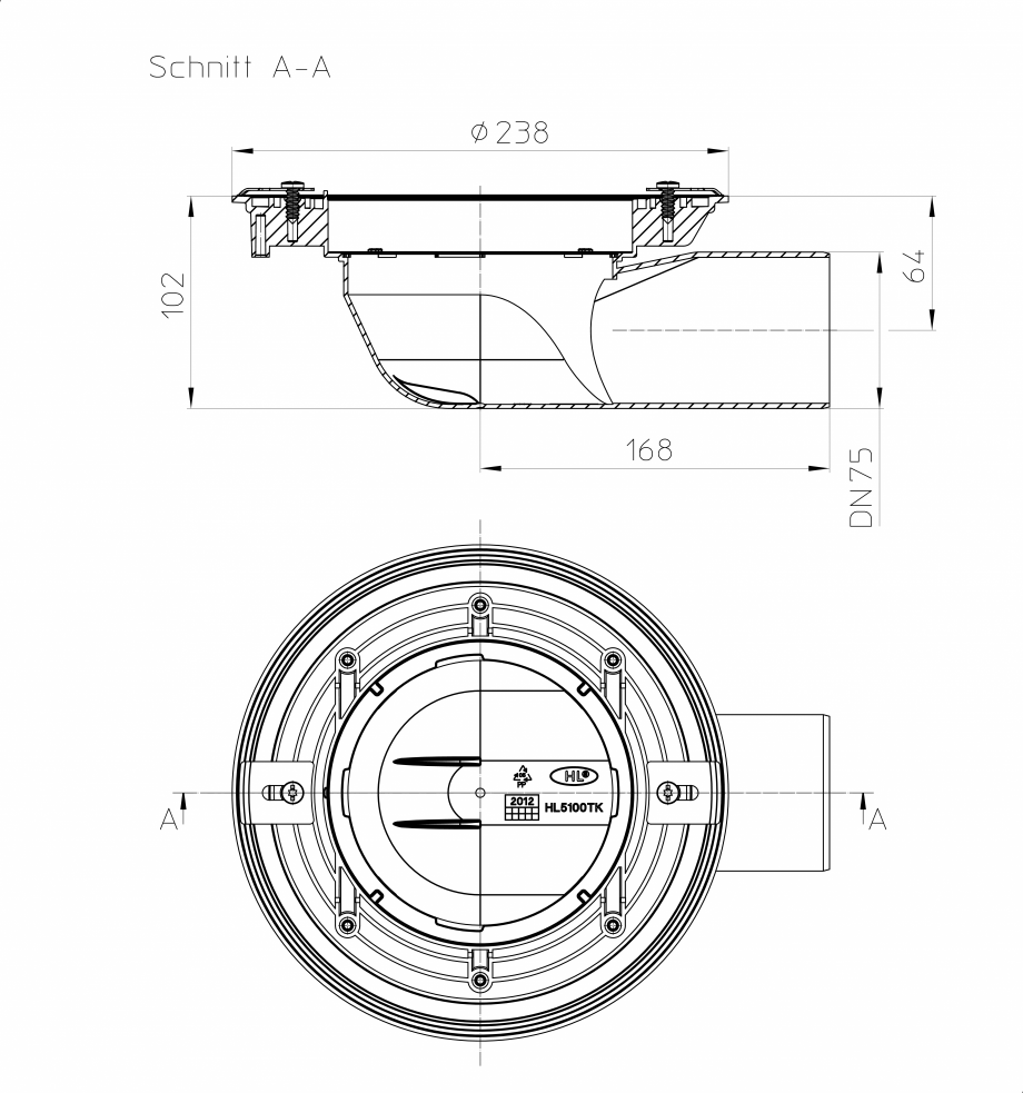 Pagina 1-CAD-PDF Desen tehnic: Corp sifon pentru balcon si terasa DN75 cu manseta din bitum HL Hutterer &...