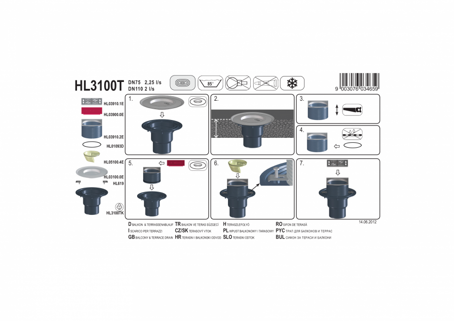 Pagina 1-Exemplu montaj: Sifon vertical pentru balcon si terasa cu iesirea la scurgere DN75/110 HL Hutterer...