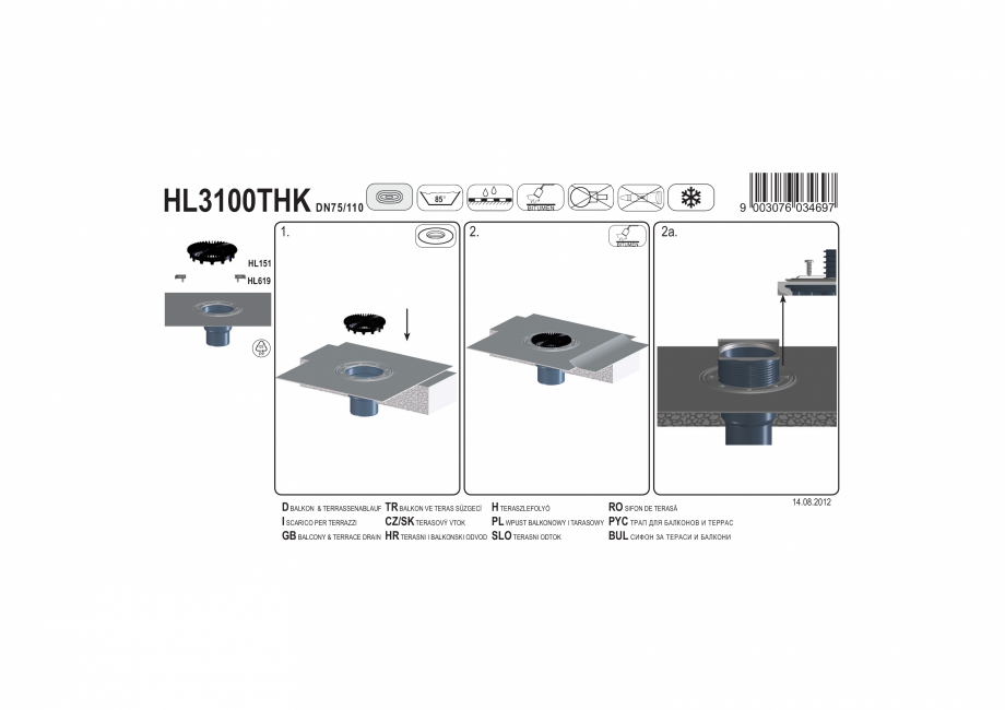 Pagina 1-Exemplu montaj: Corp sifon vertical pentru balcon si terasa DN75/110, cu manseta din bitum HL...