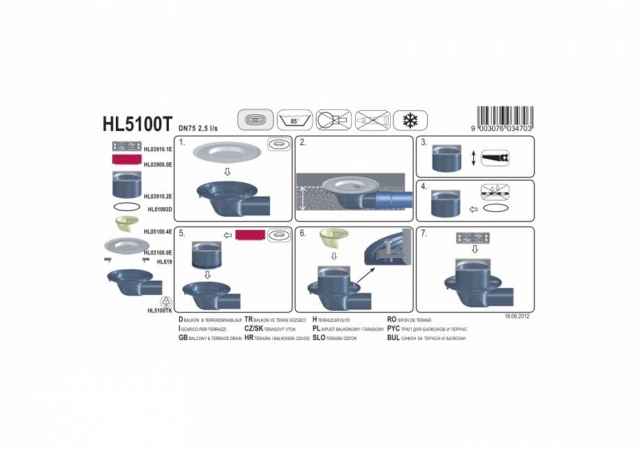 Pagina 1-Exemplu montaj: Sifon pentru balcon si terasa cu iesirea la scurgere DN75 pe orizontala HL Hutterer ...