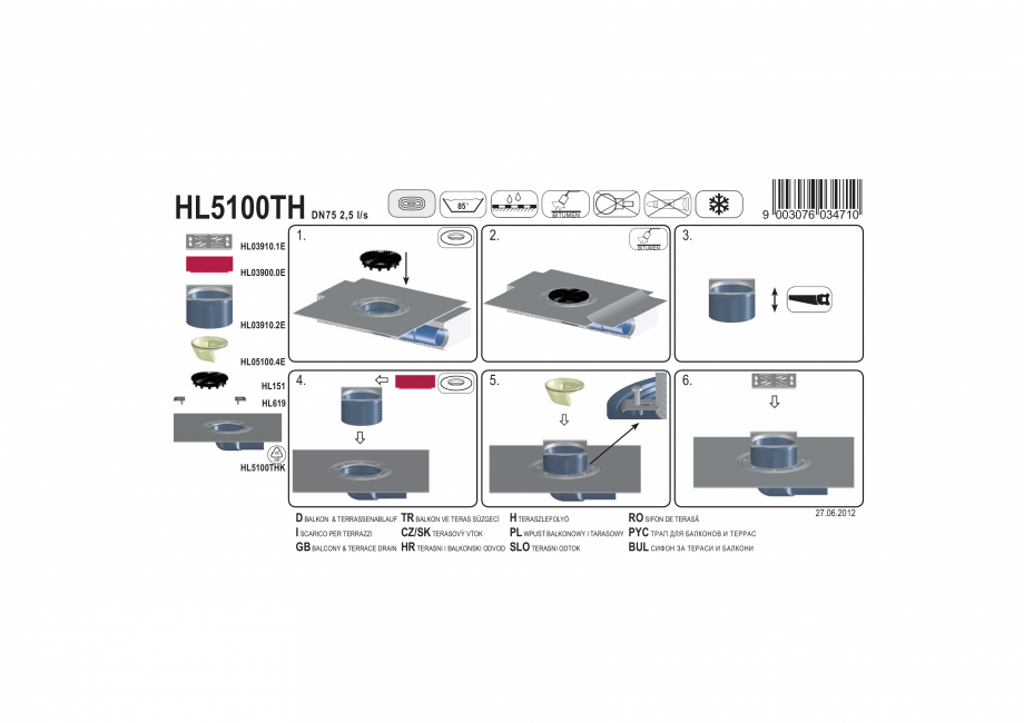 Pagina 1-Exemplu montaj: Sifon pentru balcon si terasa cu iesirea la scurgere DN75 pe orizontala cu manseta...