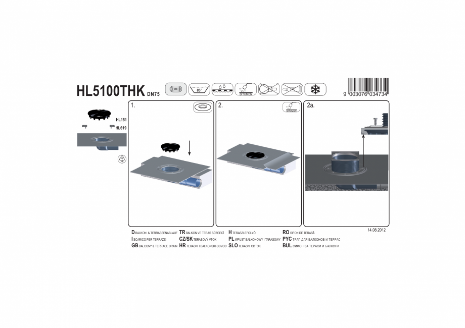 Pagina 1-Exemplu montaj: Corp sifon orizontal pentru balcon si terasa DN75 cu manseta din bitum HL Hutterer...