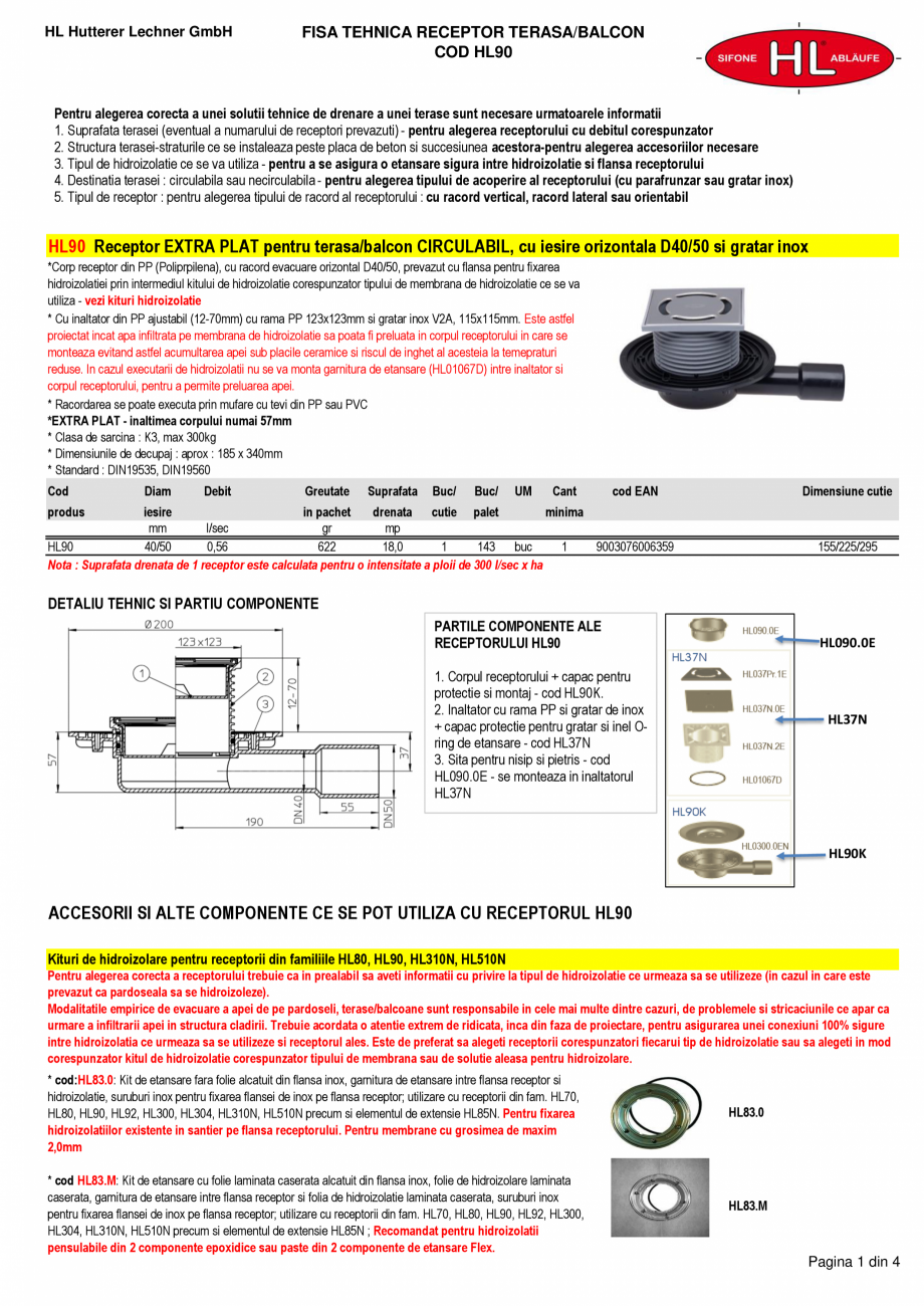 Pagina 1-Receptor terasa/balcon cu flansa, iesire laterala D 40/50 HL Hutterer & Lechner HL90 Fisa...