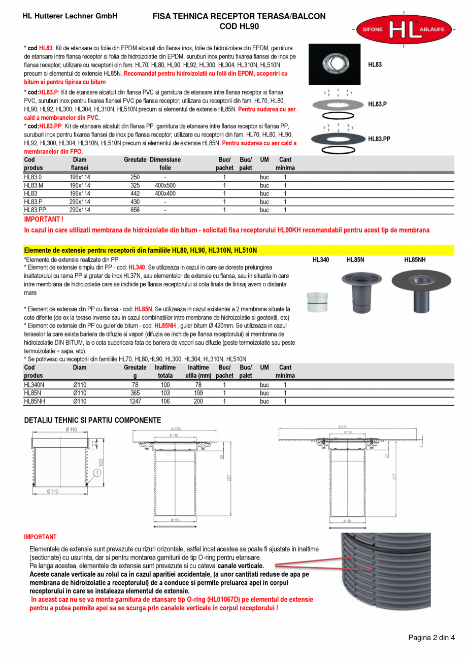 Pagina 2-Receptor terasa/balcon cu flansa, iesire laterala D 40/50 HL Hutterer & Lechner HL90 Fisa...