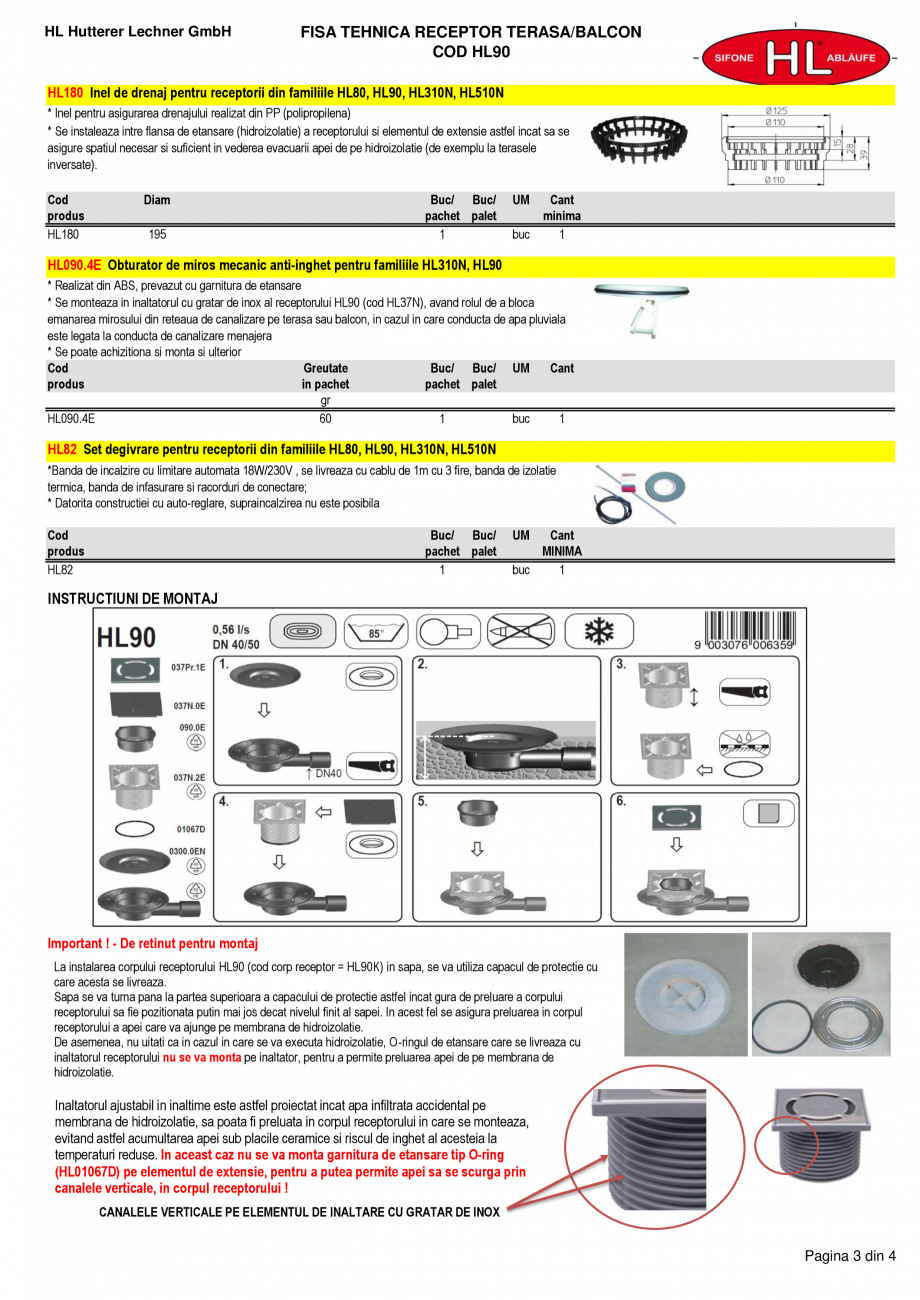 Pagina 3-Receptor terasa/balcon cu flansa, iesire laterala D 40/50 HL Hutterer & Lechner HL90 Fisa...