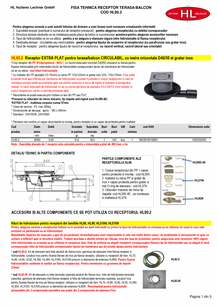 Pagina 1-Receptor terasa - iesire laterala D40/50 - gratar inox HL Hutterer & Lechner HL90.2 Fisa tehnica...