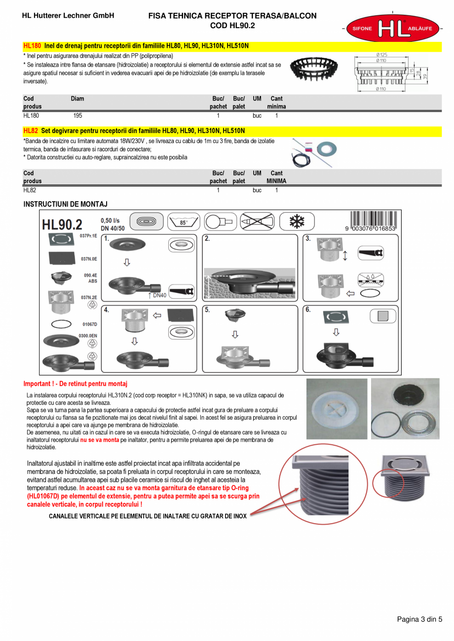 Pagina 3-Receptor terasa - iesire laterala D40/50 - gratar inox HL Hutterer & Lechner HL90.2 Fisa tehnica...