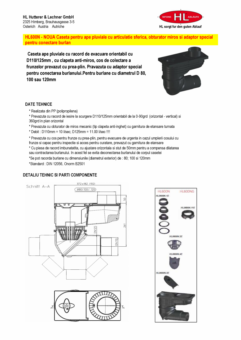 Pagina 1-Caseta ape pluviale cu racord de evacuare orientabil HL Hutterer & Lechner HL600N Fisa tehnica...