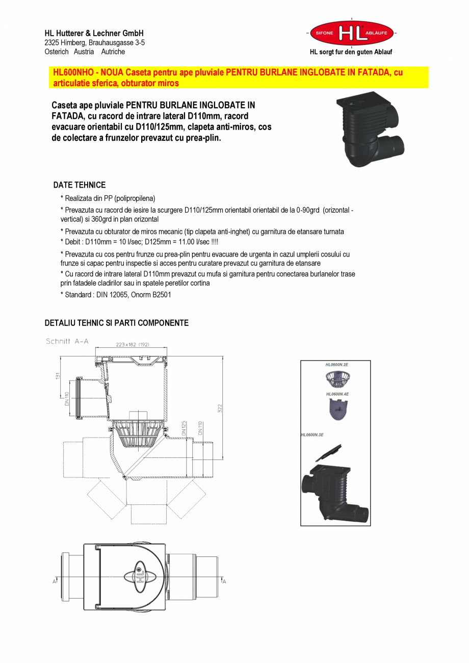Pagina 1-Caseta ape pluviale pentru burlane inglobate in fatada HL Hutterer & Lechner HL600NHO Fisa...