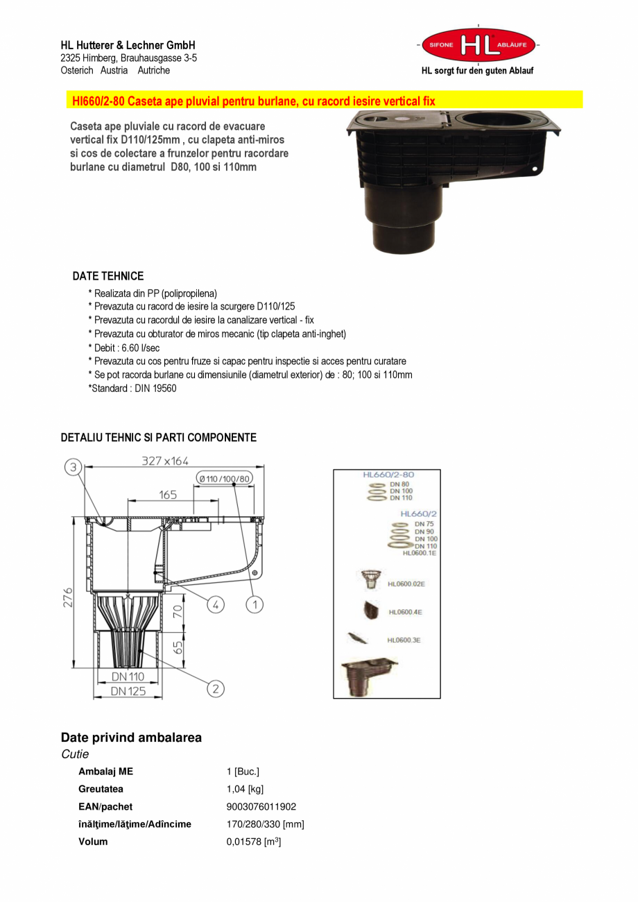Pagina 1-Caseta ape pluviale cu racord evacuare vertical fix HL Hutterer & Lechner HL660/2-80 Fisa...