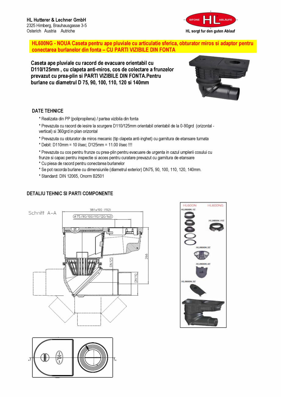 Pagina 1-Caseta ape pluviale cu racord de evacuare orientabil HL Hutterer & Lechner HL600NG Fisa tehnica ...