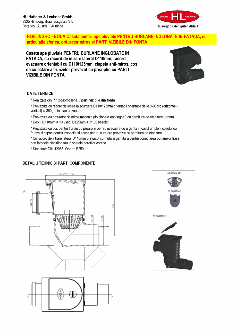 Pagina 1-Caseta ape pluviale pentru burlane inglobate in fatada HL Hutterer & Lechner HL600NGHO Fisa...