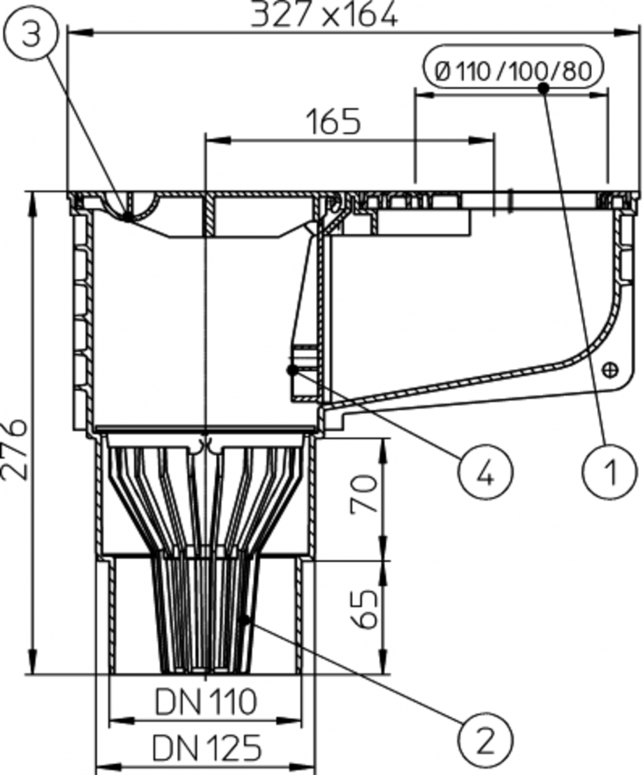 Pagina 1-Caseta ape pluviale cu racord evacuare vertical fix - desen tehnic HL Hutterer & Lechner...