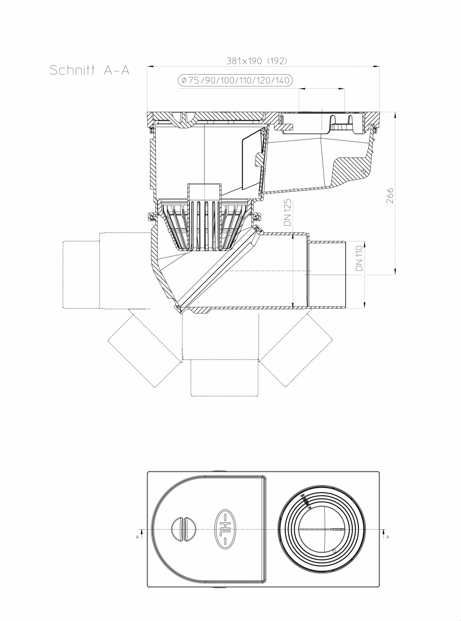 Pagina 1-Caseta ape pluviale cu racord de evacuare orientabil - desen tehnic HL Hutterer & Lechner...
