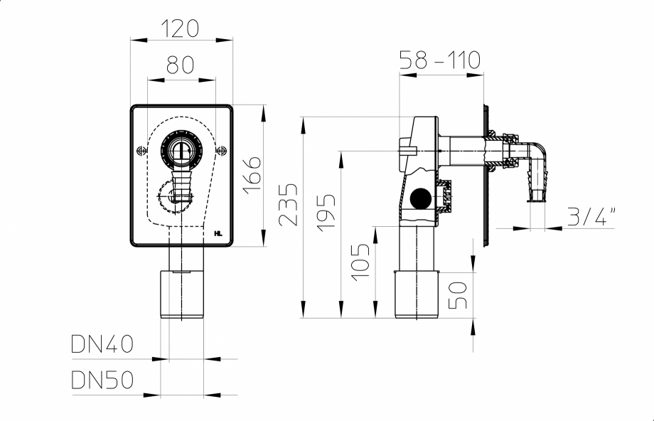 Pagina 1 - Desen tehnic - Sifon pentru masina de spalat DN40/50 HL Hutterer & Lechner Fisa...