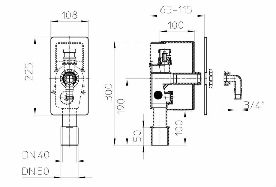 Pagina 1-Desen tehnic - Sifon pentru masina de spalat DN40/50 cu aerator HL902 - 110 x 225 mm HL Hutterer...
