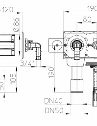 Desen tehnic - Sifon pentru masina de spalat DN40 50 cu racord la apa integrata -