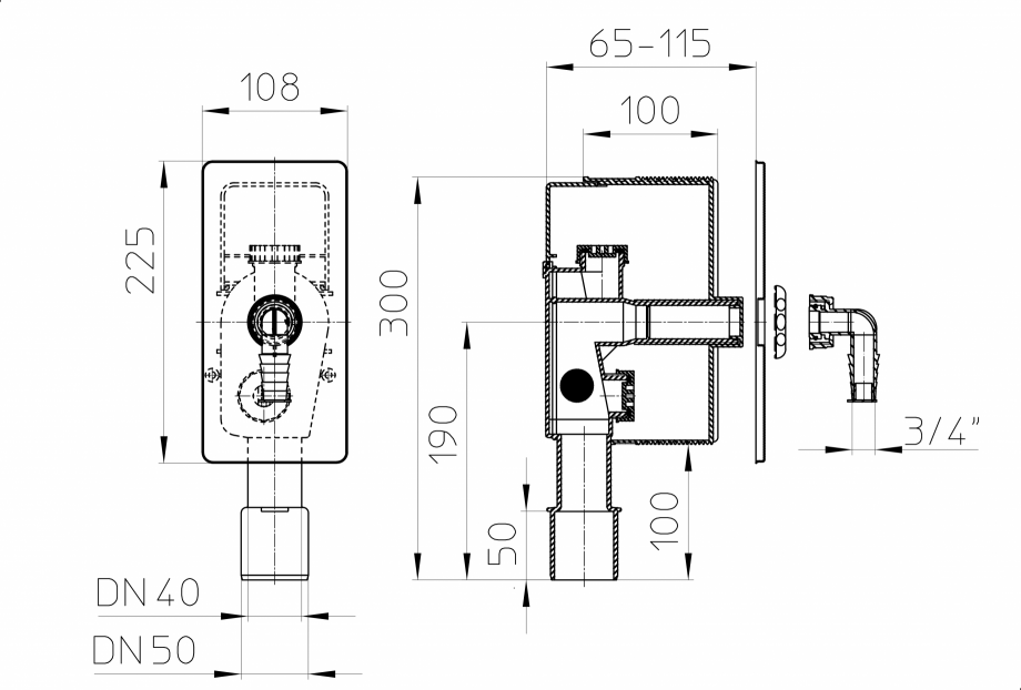 Pagina 1-Desen tehnic - Sifon pentru masina de spalat DN40/50 cu racord pentru aerator - 110 x 225 mm HL...