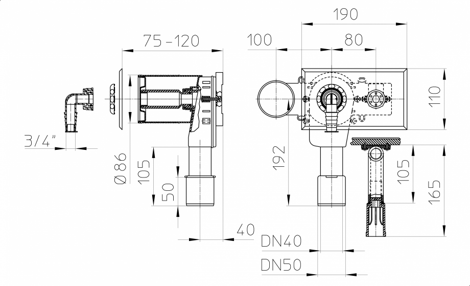 Pagina 1 - Desen tehnic - Sifon pentru masina de spalat DN40/50 cu racord la apa integrata si doza...