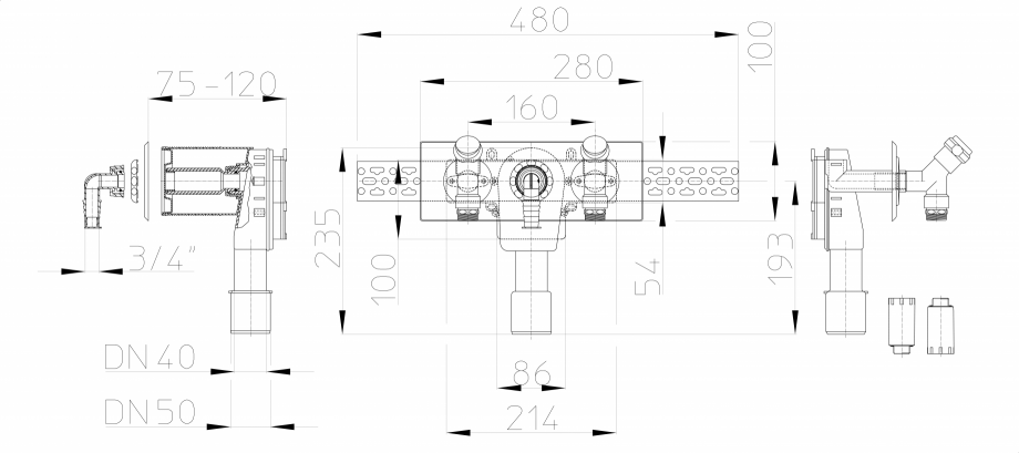 Pagina 1-Desen tehnic - Sifon pentru masina de spalat DN40/50 cu 2 racorduri la apa si robinet de golire R...