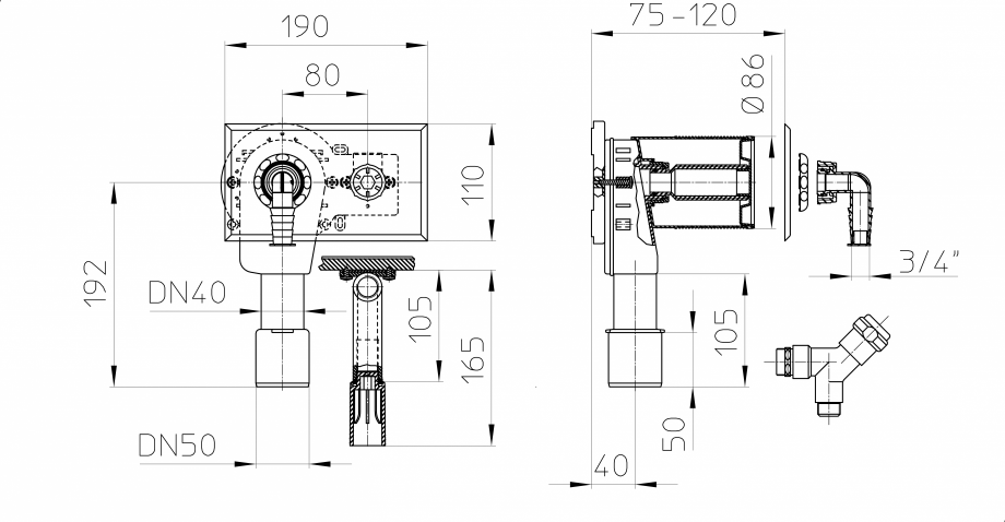 Pagina 1-Desen tehnic - Sifon pentru masina de spalat DN40/50 cu racord la apa si robinet de golire R...