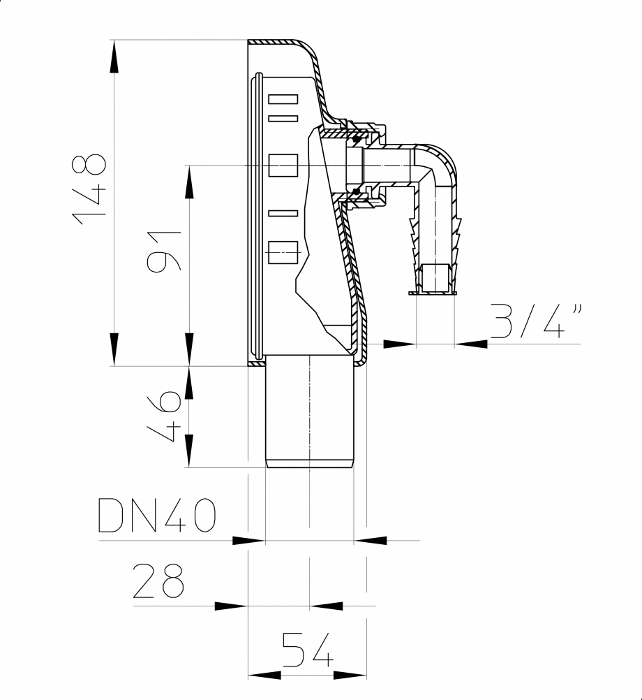 Pagina 1-Desen tehnic - Sifon pentru masina de spalat DN40 cu montaj aparent cu capac alb HL Hutterer &...