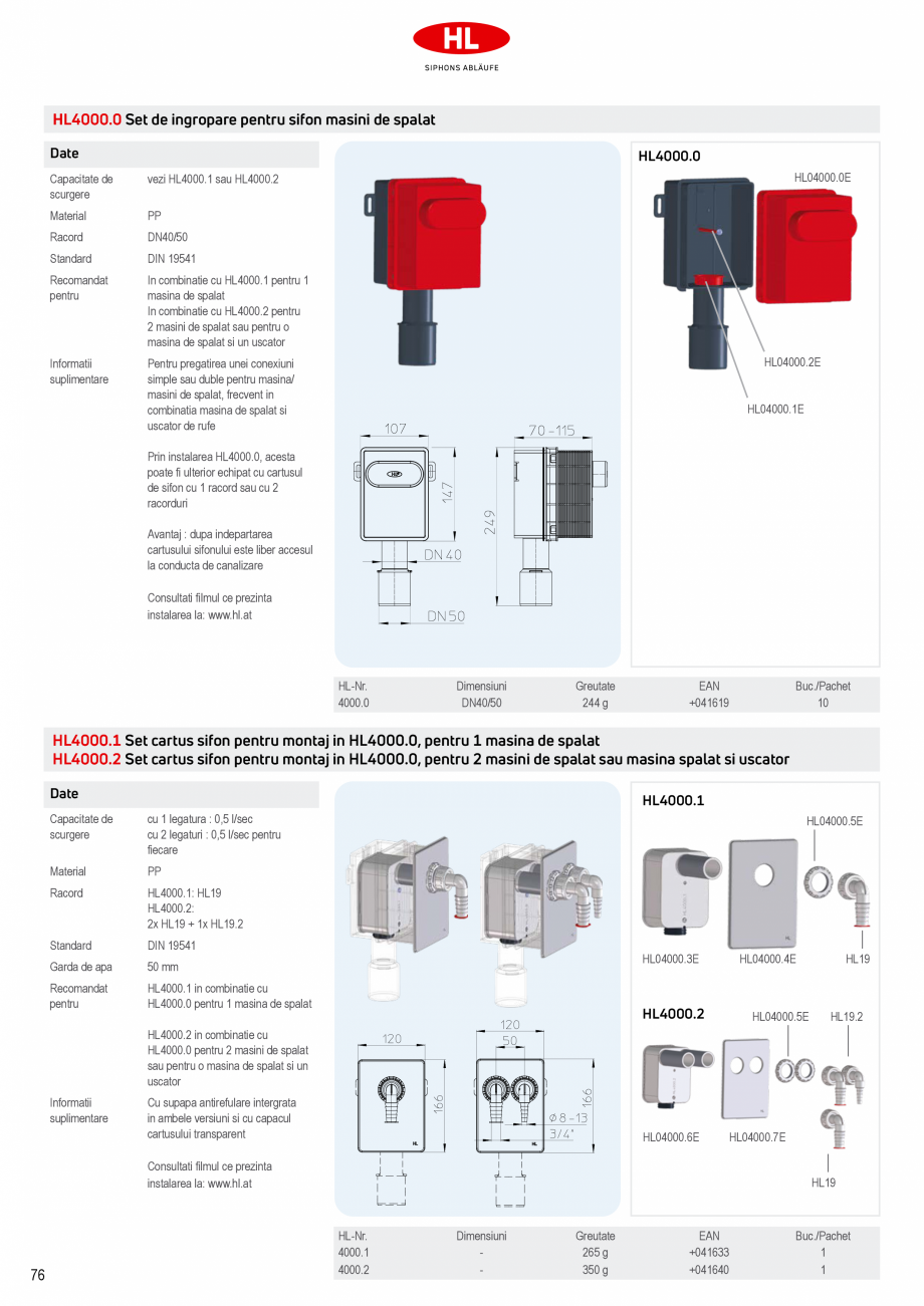 Pagina 6-Sifoane pentru masini de spalat HL Hutterer & Lechner Catalog, brosura Romana 
Pentru scurgerea ...