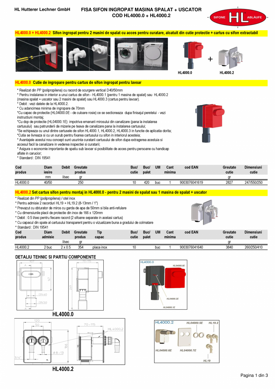 Pagina 1-Sifon ingropat masina spalat+uscator HL Hutterer & Lechner HL4000.0 + HL4000.2 Fisa tehnica...