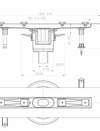 Desen tehnic: Rigola din inox pentru dus cu racord iesire vertical DN50, flansa 600 mm