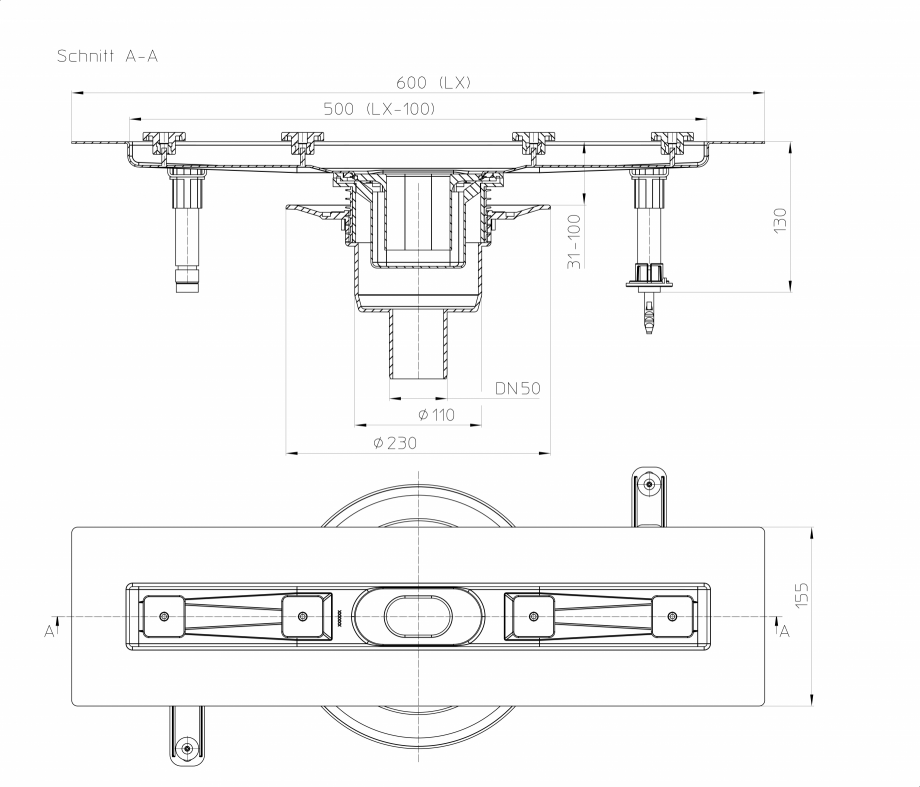 Pagina 1-Desen tehnic: Rigola din inox pentru dus cu racord iesire vertical DN50, flansa 600 mm HL Hutterer...