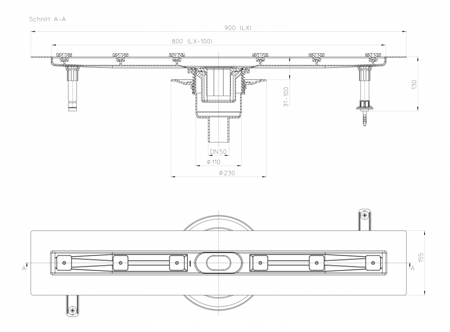 Pagina 1-Desen tehnic: Rigola din inox pentru dus cu racord iesire vertical DN50, flansa 900 mm HL Hutterer...