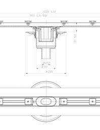 Desen tehnic: Rigola din inox pentru dus cu racord iesire vertical DN50, flansa 1000 mm
