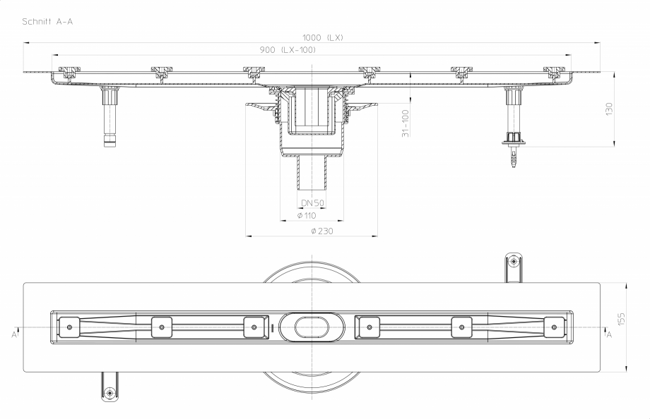 Pagina 1-Desen tehnic: Rigola din inox pentru dus cu racord iesire vertical DN50, flansa 1000 mm HL Hutterer ...