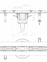 Desen tehnic: Rigola din inox pentru dus cu racord iesire vertical DN50, flansa 800 mm
