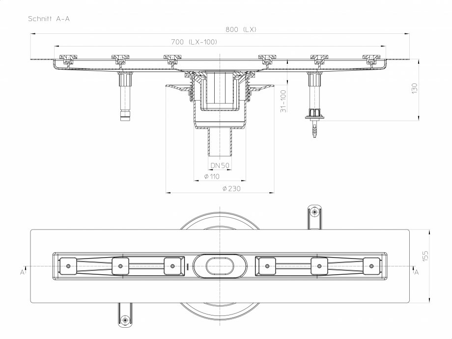 Pagina 1-Desen tehnic: Rigola din inox pentru dus cu racord iesire vertical DN50, flansa 800 mm HL Hutterer...