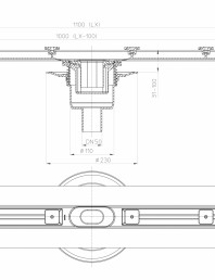 Desen tehnic: Rigola din inox pentru dus cu racord iesire vertical DN50, flansa 1100 mm