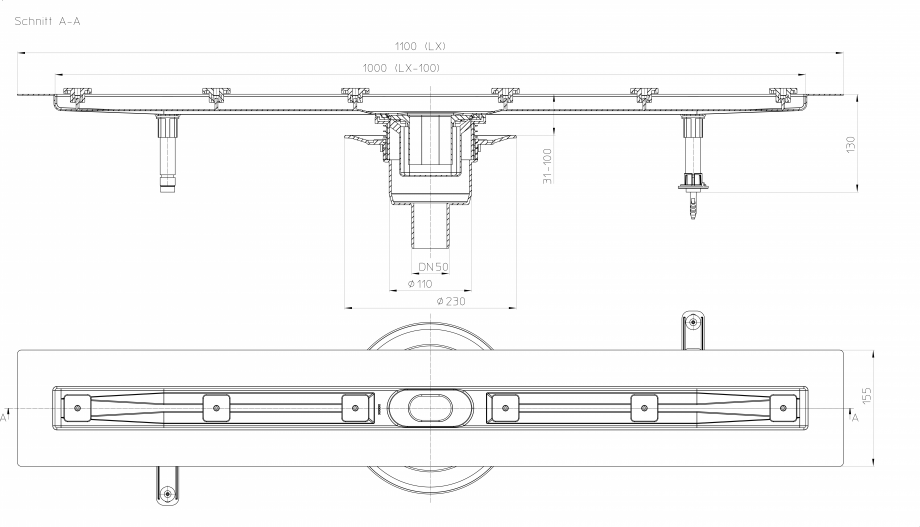 Pagina 1-Desen tehnic: Rigola din inox pentru dus cu racord iesire vertical DN50, flansa 1100 mm HL Hutterer ...