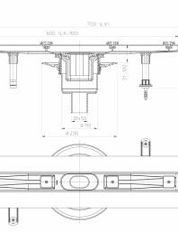 Desen tehnic: Rigola din inox pentru dus cu racord iesire vertical DN50, flansa 700 mm