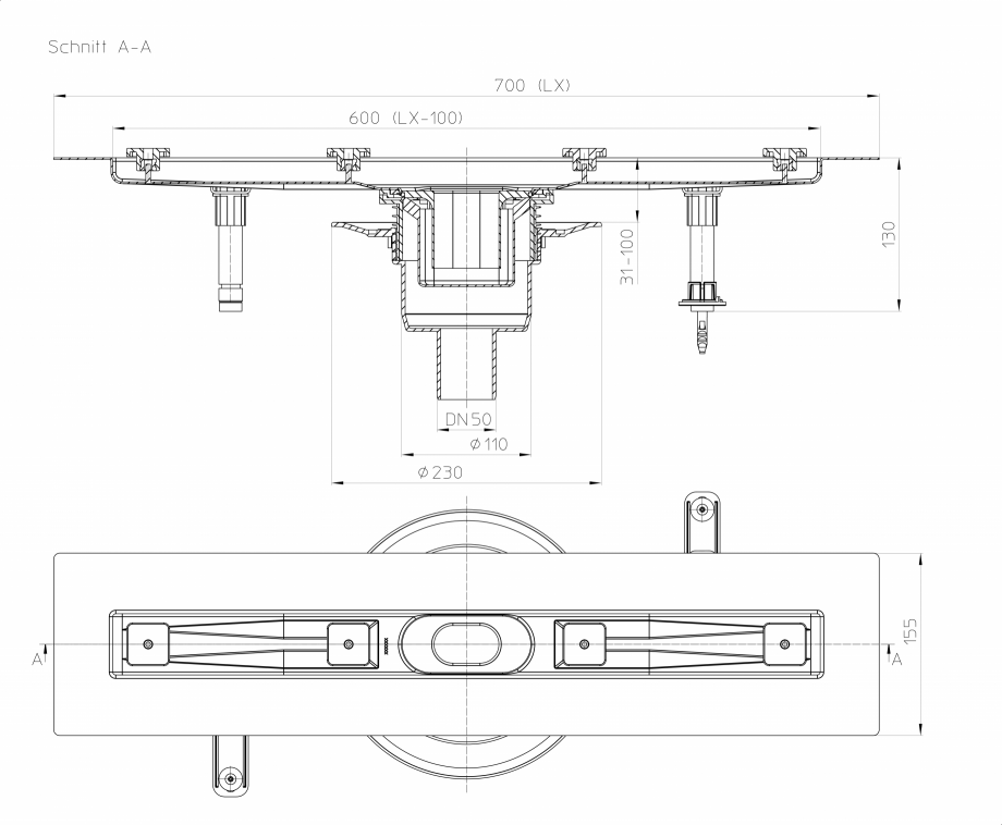 Pagina 1-Desen tehnic: Rigola din inox pentru dus cu racord iesire vertical DN50, flansa 700 mm HL Hutterer...