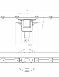 Desen tehnic: Rigola din inox pentru dus cu racord iesire vertical DN50, flansa 1300 mm