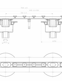 Desen tehnic Rigola din inox pentru dus cu 2 racorduri iesire verticale DN50 75 flansa 1500