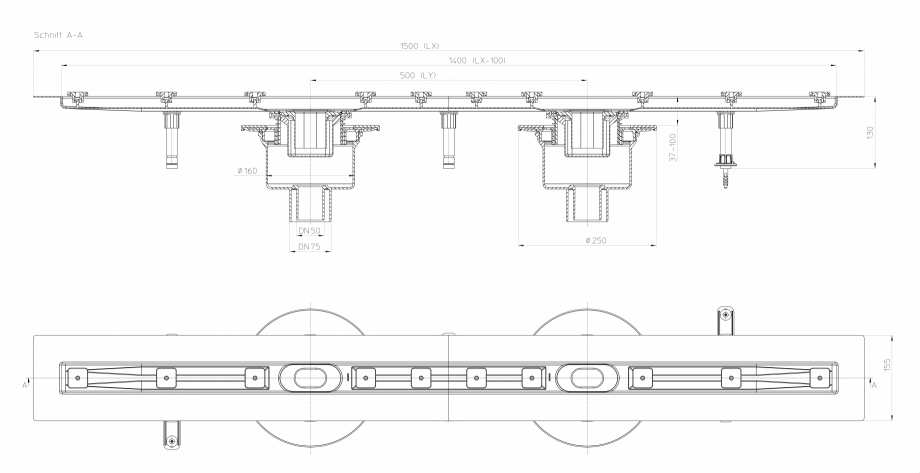 Pagina 1-Desen tehnic: Rigola din inox pentru dus cu 2 racorduri iesire verticale DN50/75, flansa 1500 mm HL ...