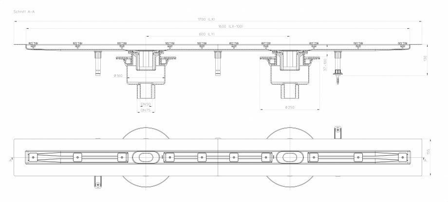 Pagina 1-Desen tehnic: Rigola din inox pentru dus cu 2 racorduri iesire verticale DN50/75, flansa 1700 mm HL ...