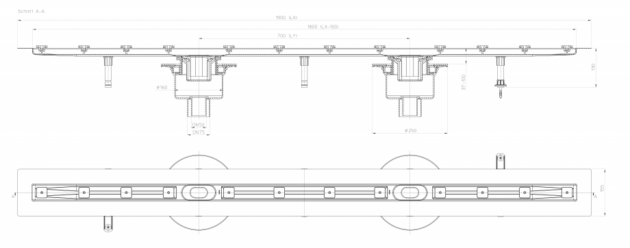 Pagina 1-Desen tehnic: Rigola din inox pentru dus cu 2 racorduri iesire verticale DN50/75, flansa 1900 mm HL ...