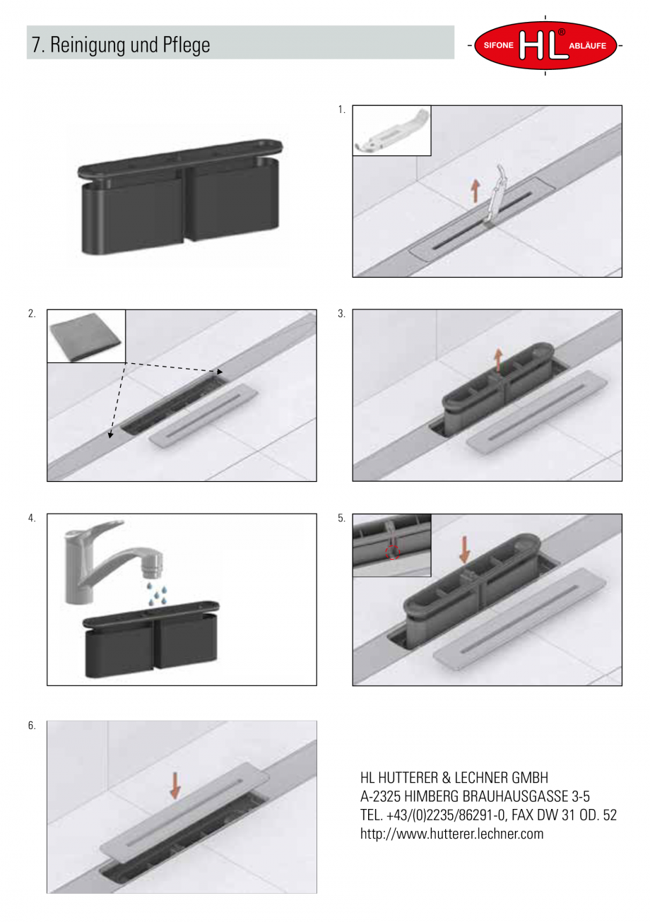 Pagina 1-Instructiuni pentru curatarea rigolei de dus HL Hutterer & Lechner HL53K, HL53K.2, HL53KC,...