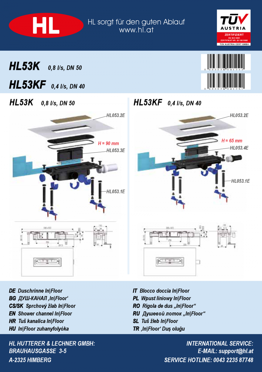 Pagina 1-Ghid de instalare pentru rigolele de dus HL Hutterer & Lechner HL53K, HL53KF Instructiuni montaj...