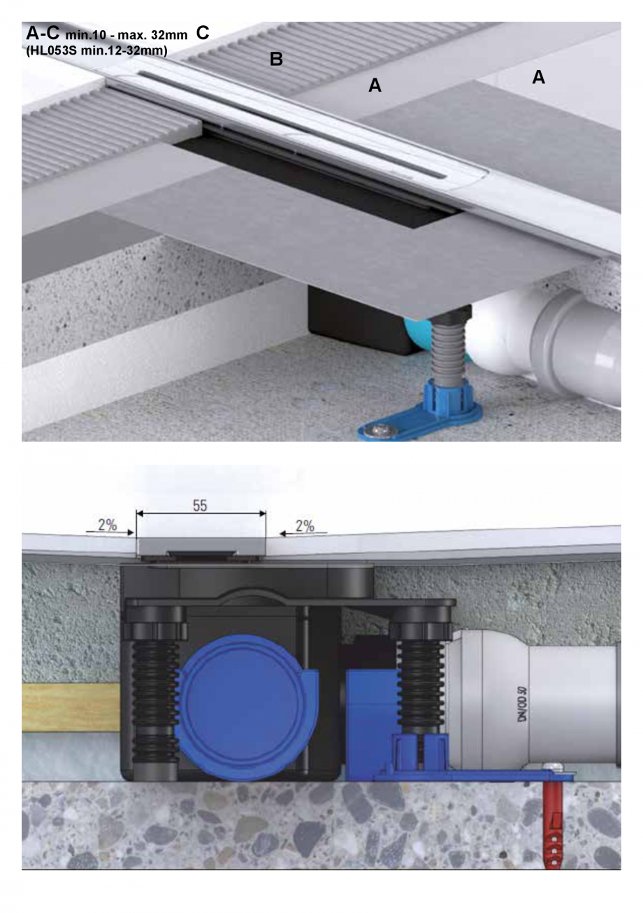 Pagina 7-Ghid de instalare pentru rigolele de dus HL Hutterer & Lechner HL53K, HL53KF Instructiuni montaj...